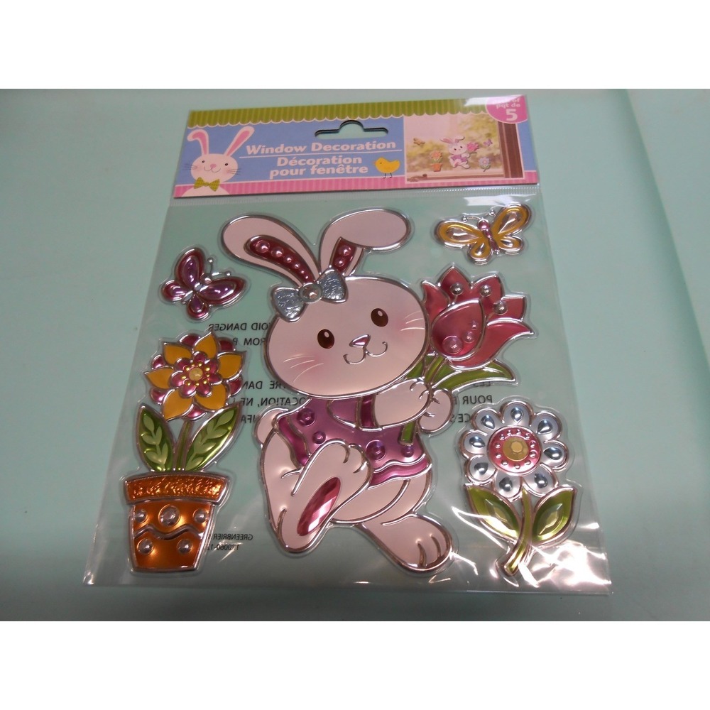 NEW FOIL Spring Easter Flowers Girl Bunny Window Sticker Clings Decorations 5 pc